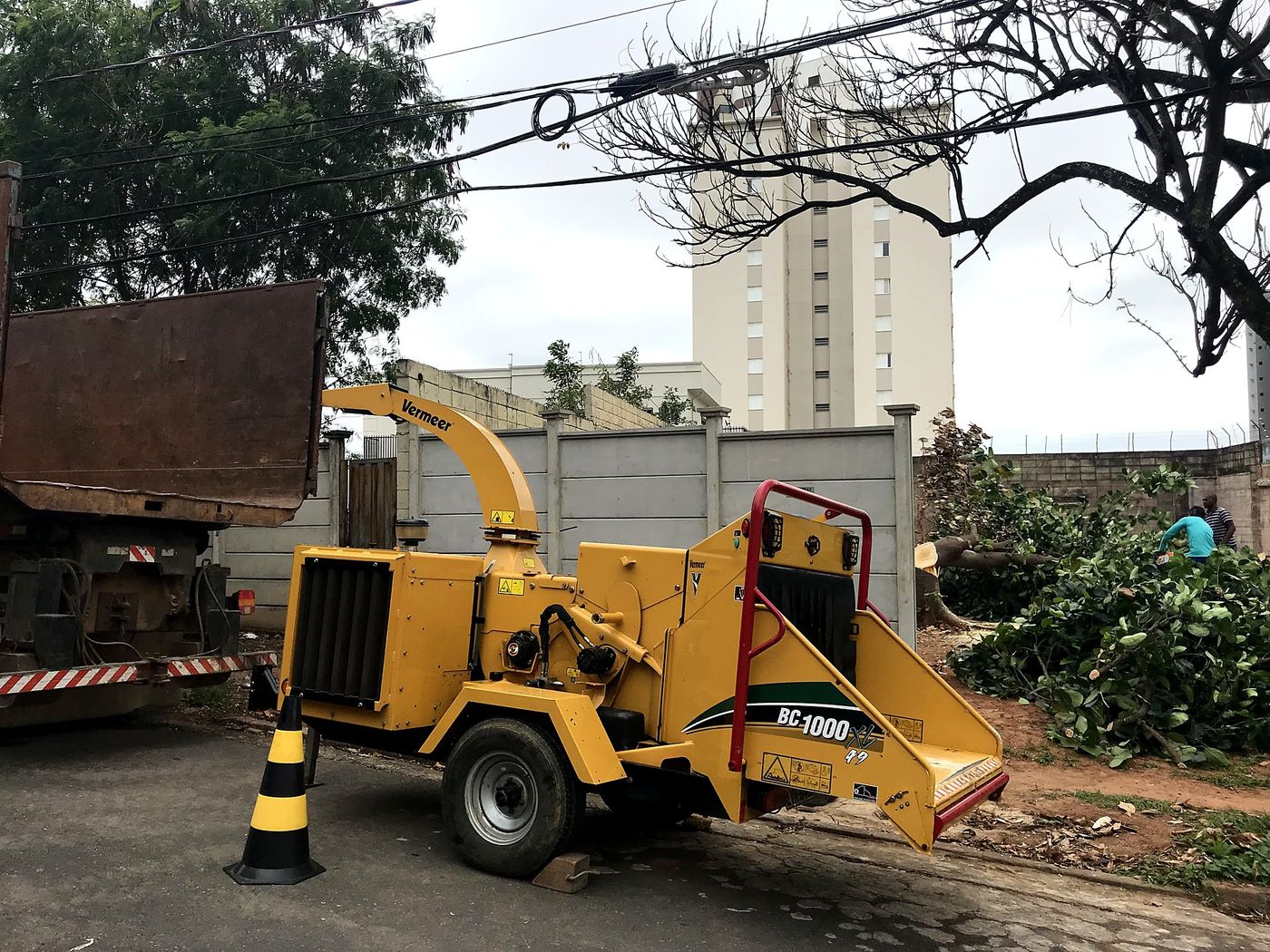 Triturador de galhos alimentando caminhão com cavaco de madeira