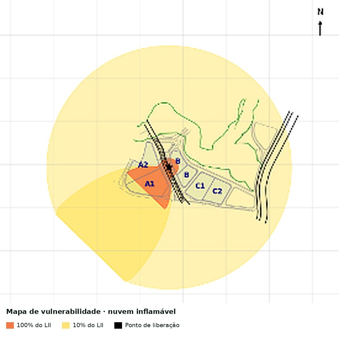 Mapa de vulnerabilidade com alcance de nuvem inflamável sobre a implantação