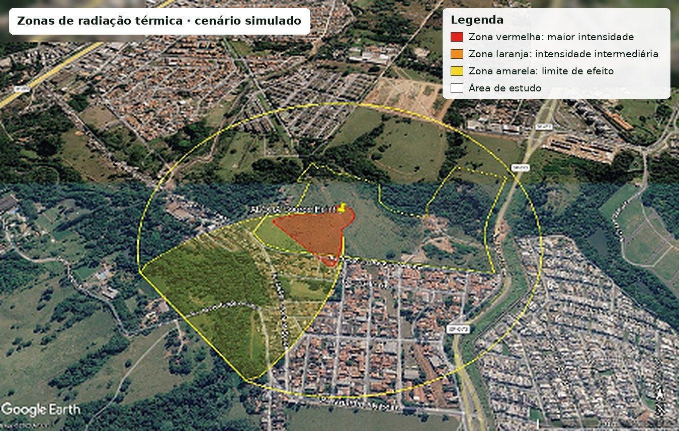 Zonas de radiação térmica sobrepostas a imagem de satélite